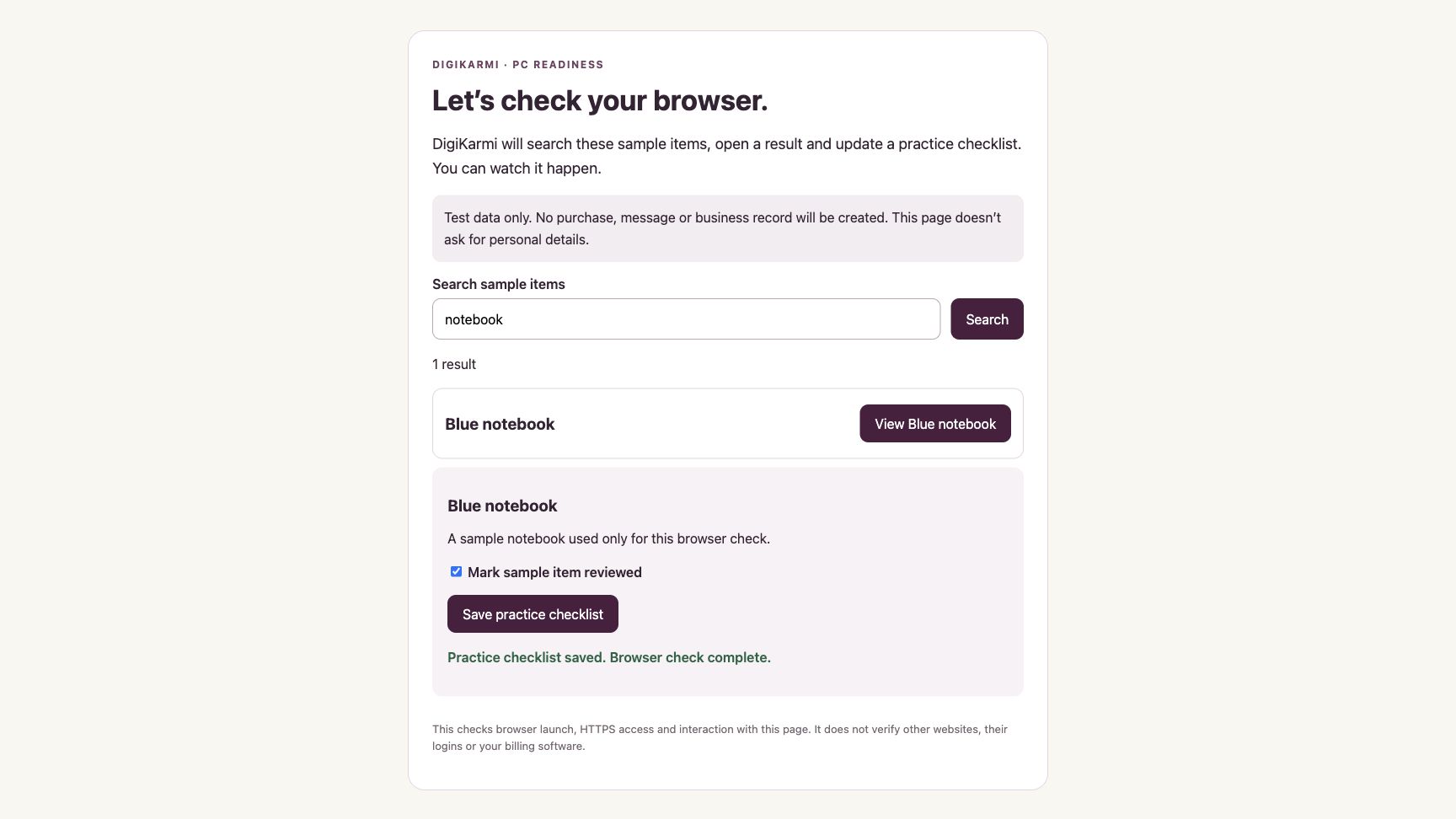 DigiKarmi browser practice page showing one notebook search result and a successfully saved checklist